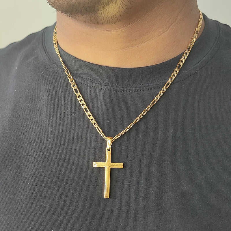 Stainless Steel Cross Necklace | Waterproof Figaro Chain Punk Jewelry