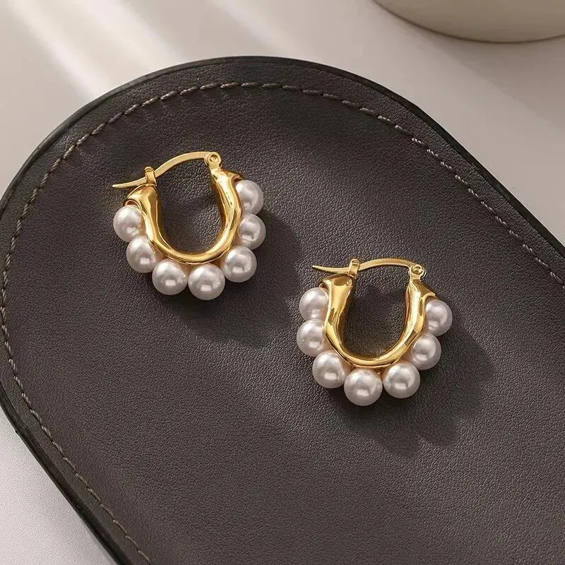 Stylish U-shaped Hoop Earrings – Elegant Gold Color Imitation Pearl Accessories for Wedding & Party Gifts