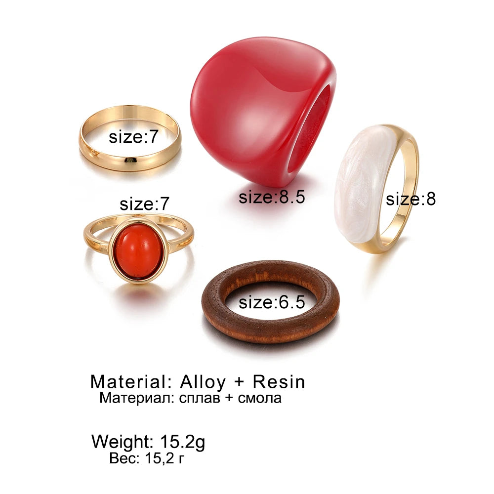 Trendy Red Resin Geometric Rings Set for Women – Exaggerated Wooden & Enamel Punk Style