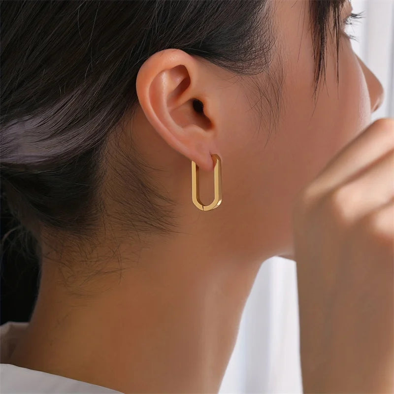 New Minimalist Square Hoop Earrings – Unisex Gold Color Stainless Steel Punk Rock Piercing Jewelry for Men & Women