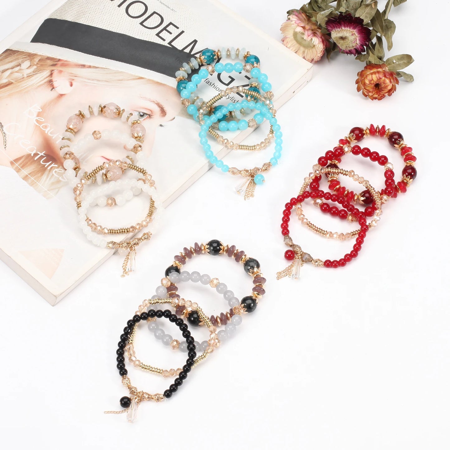 Bohemian Stackable Bead Bracelets – Multilayered Stretch Bangle Set with Charm Pendants