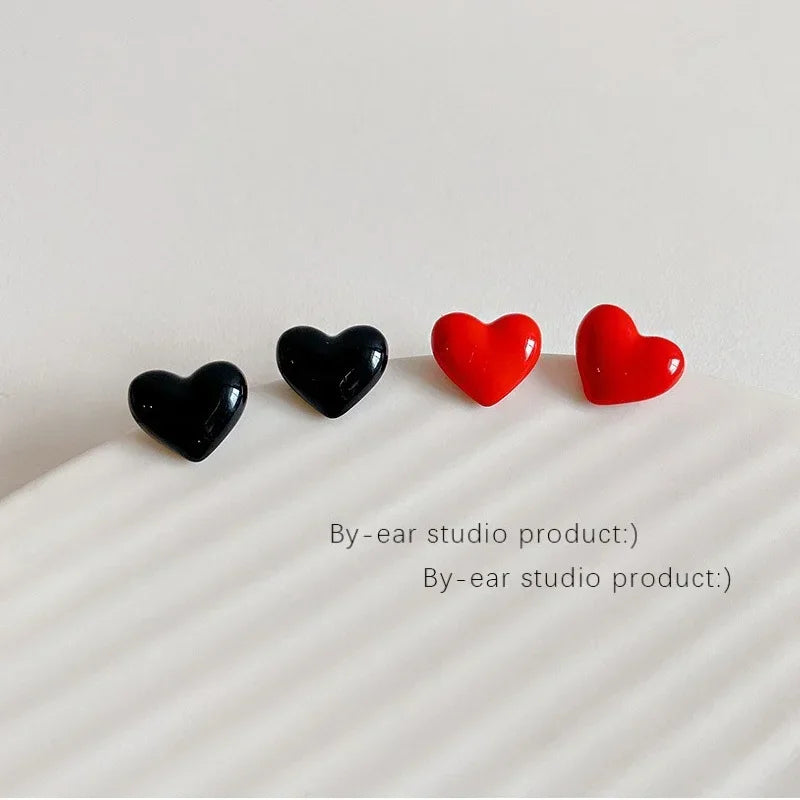 Small Heart Stud Earrings – Red & Black Simple Metal Earrings