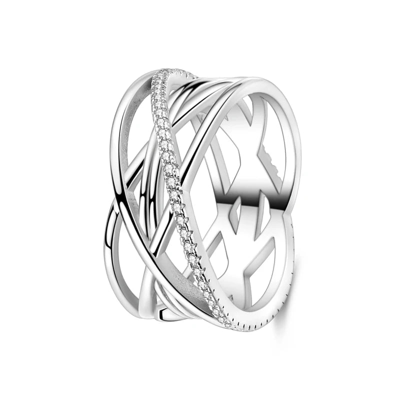 925 Silver Zircon Star Ring – Geometric Winding Line Design