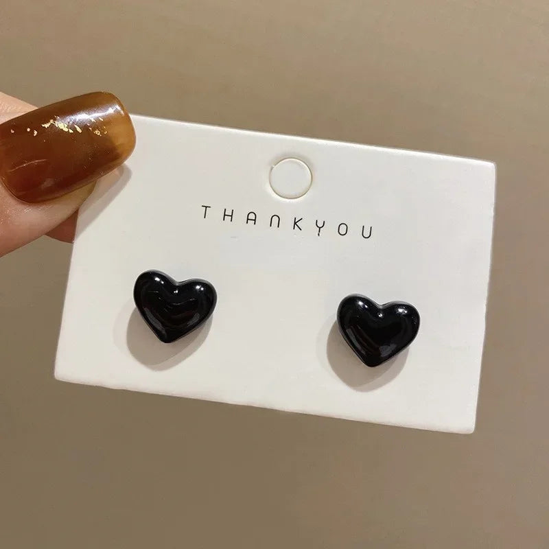 Small Heart Stud Earrings – Red & Black Simple Metal Earrings