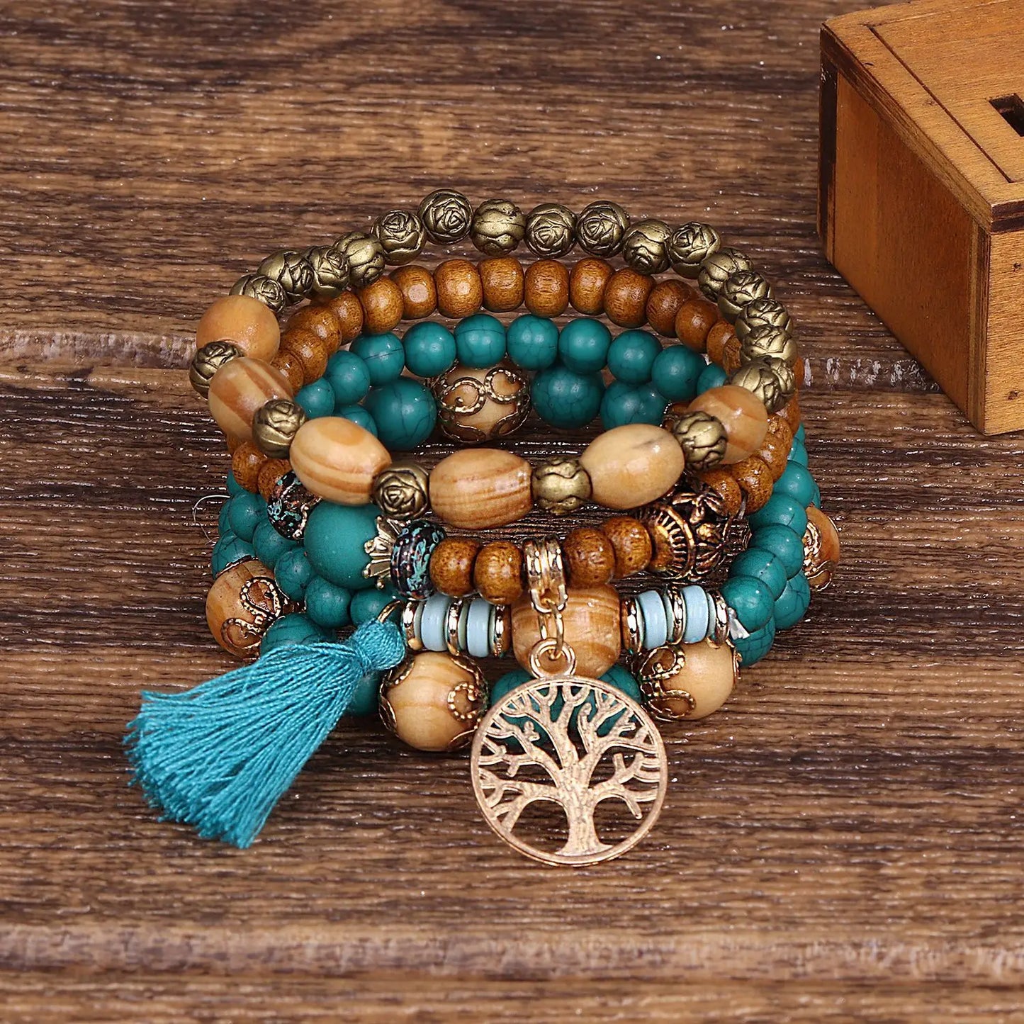Bohemia Tree Of Life Charm Beaded Bracelet Set for Women – Handmade Wood Beads Chain Bangle