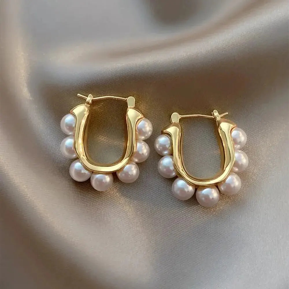 Stylish U-shaped Hoop Earrings – Elegant Gold Color Imitation Pearl Accessories for Wedding & Party Gifts