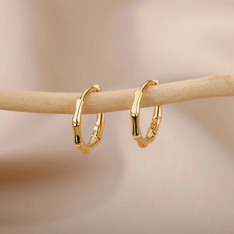 Trendy Bamboo Joint Hoop Earrings for Women – Gold Color Stainless Steel Round Earring Fashion Jewelry Gift