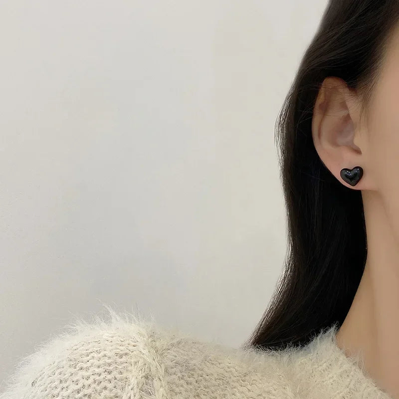 Small Heart Stud Earrings – Red & Black Simple Metal Earrings