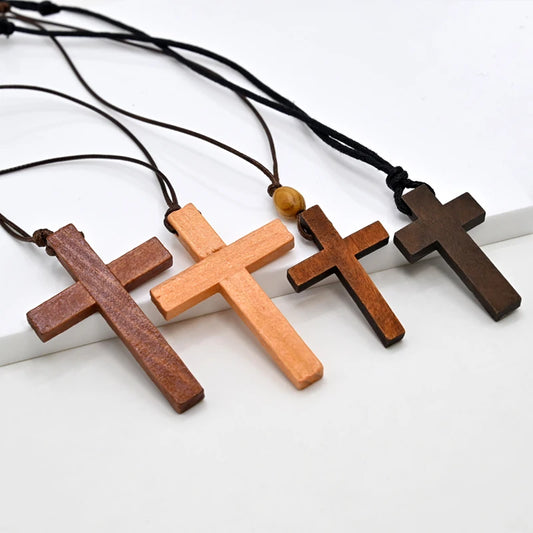 Catholic Cross Necklace | Natural Wood Jesus Christ Pendant Adjustable