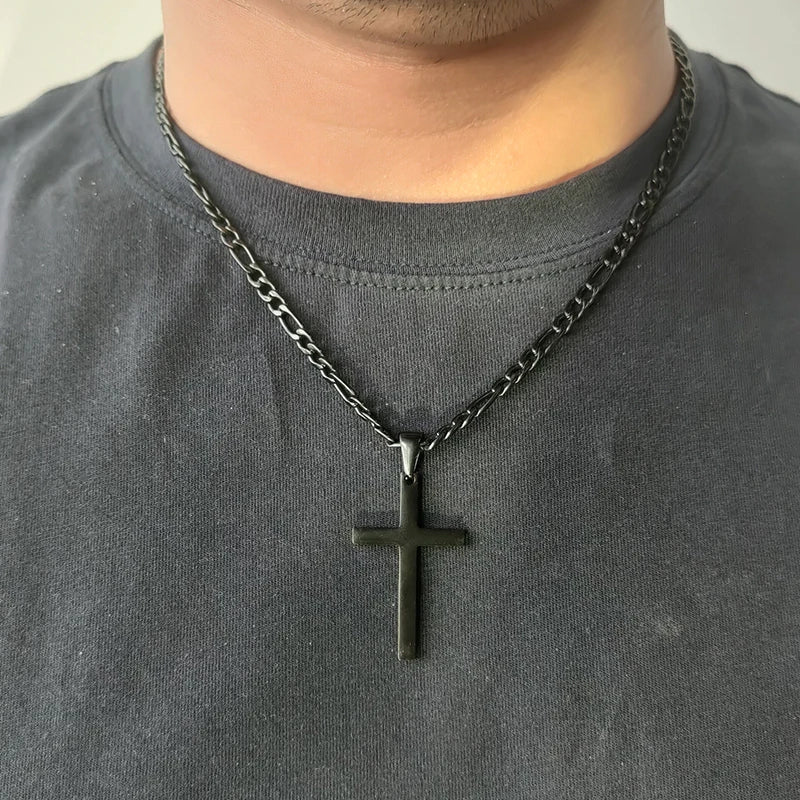 Stainless Steel Cross Necklace | Waterproof Figaro Chain Punk Jewelry