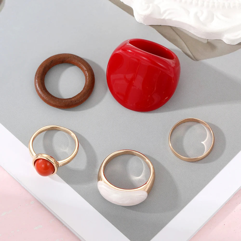 Trendy Red Resin Geometric Rings Set for Women – Exaggerated Wooden & Enamel Punk Style