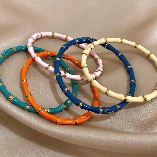 Stylish Colorful Bamboo Enamel Cuff Bangle – Minimalist 316L Stainless Steel Gold Color Bracelet for Women